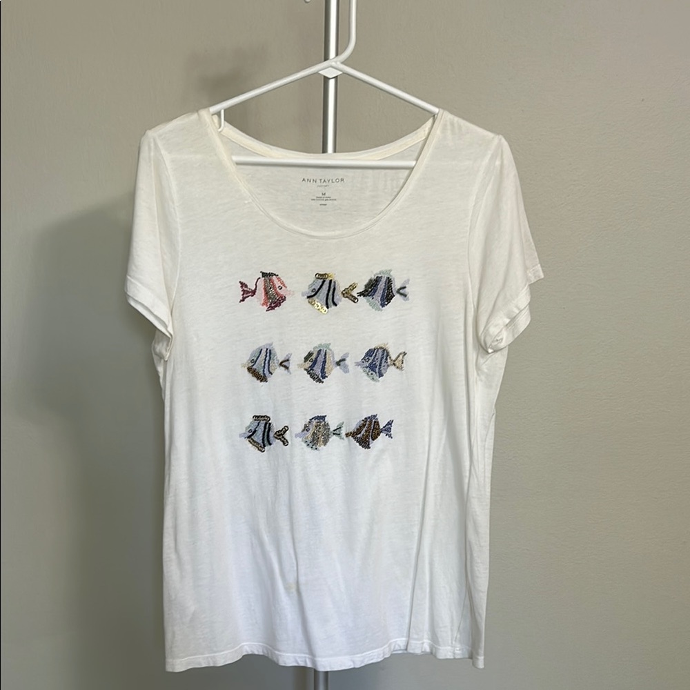 LOFT Pink and White Fish Print Top